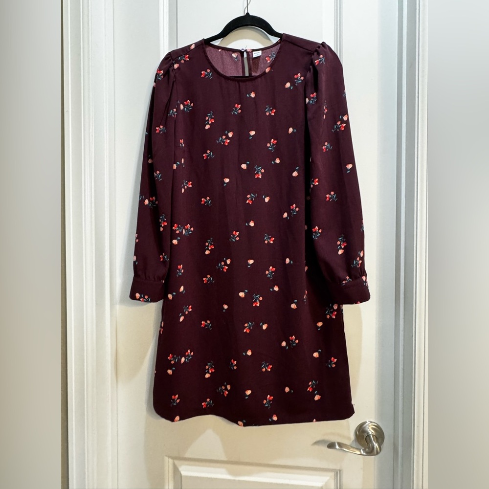OLD NAVY Sheath 3/4 Buttoned SLEEVE Round Neck Burgundy Floral Sz Medium Dress